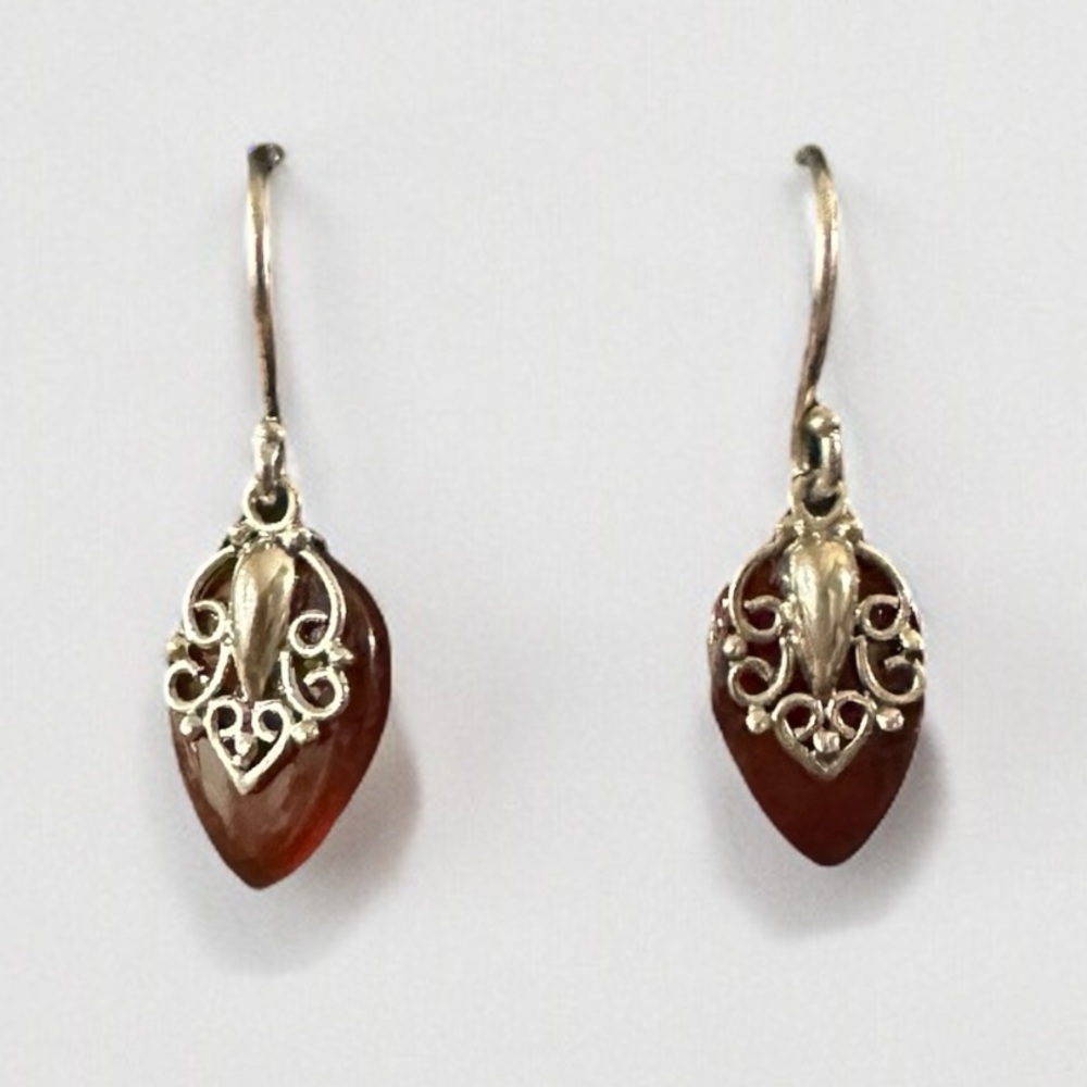 India Carnelian Filigree Sterling Silver Dangles 1.25” Marked INDIA 925